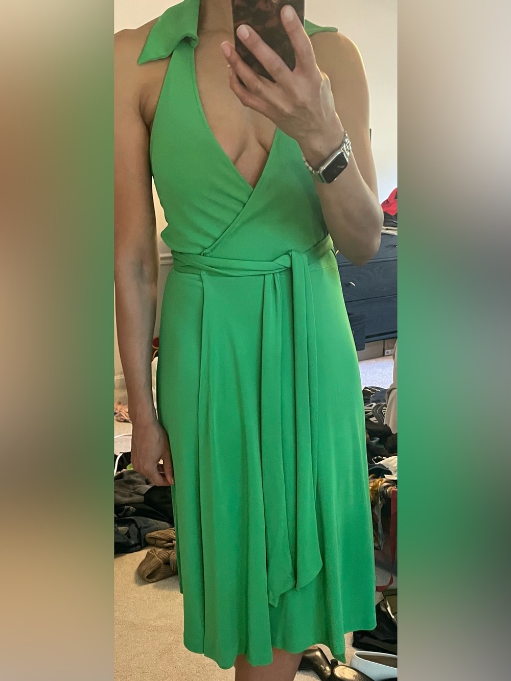 DVF Diane Von Furstenberg RARE Kelly Green Halter Wrap Collar Dress Sz 8 USA